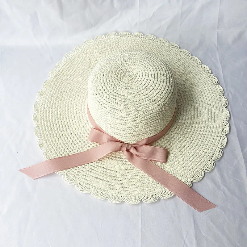 Summer Ladies Big Brim Lace Hat Sunshade Sunscreen Beach Hat Straw Hat Bow