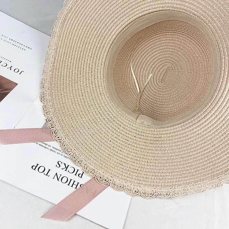Summer Ladies Big Brim Lace Hat Sunshade Sunscreen Beach Hat Straw Hat Bow
