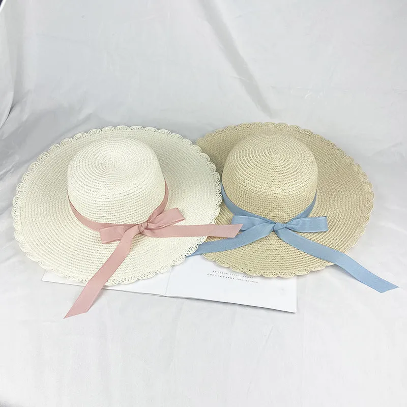 Summer Ladies Big Brim Lace Hat Sunshade Sunscreen Beach Hat Straw Hat Bow