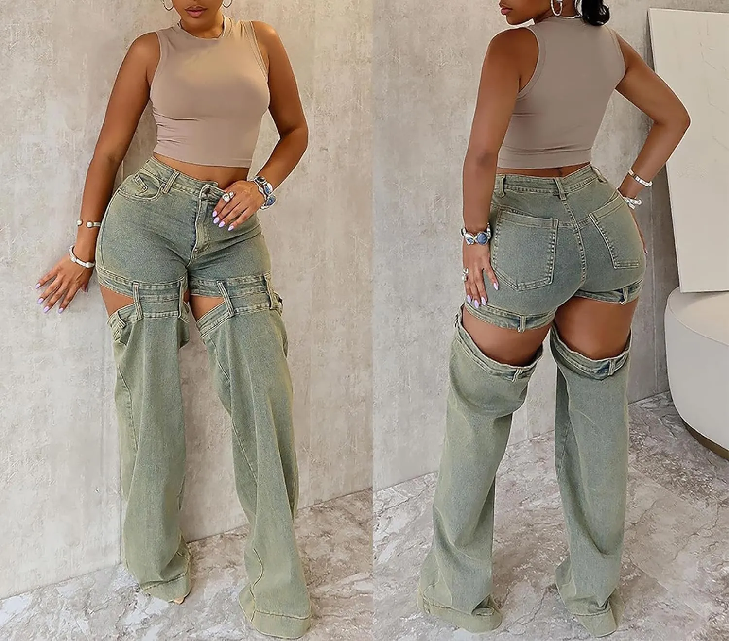 Tbahhir Women High Waisted Jeans Trendy Loose Cutout Straight Leg Pants with Pockets Streetwear