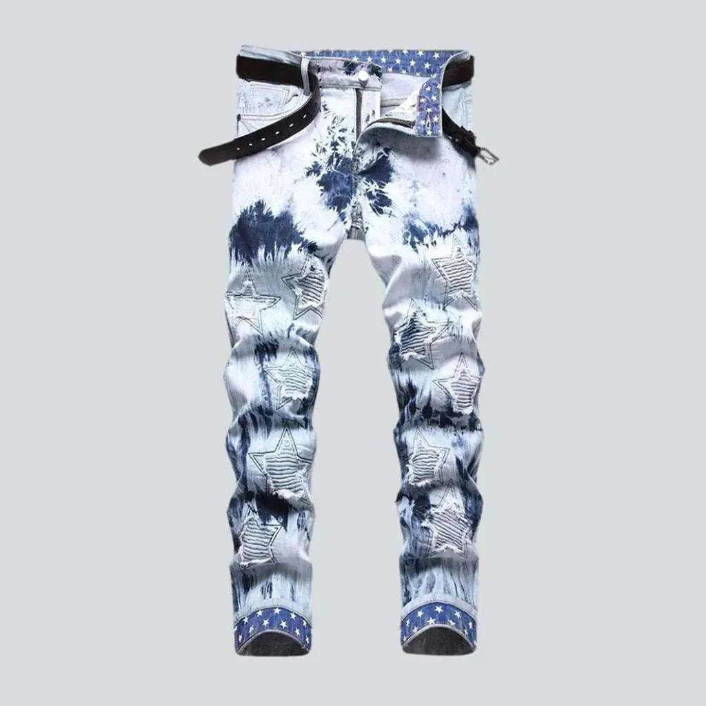 Tie-dyed star embroidery men's jeans