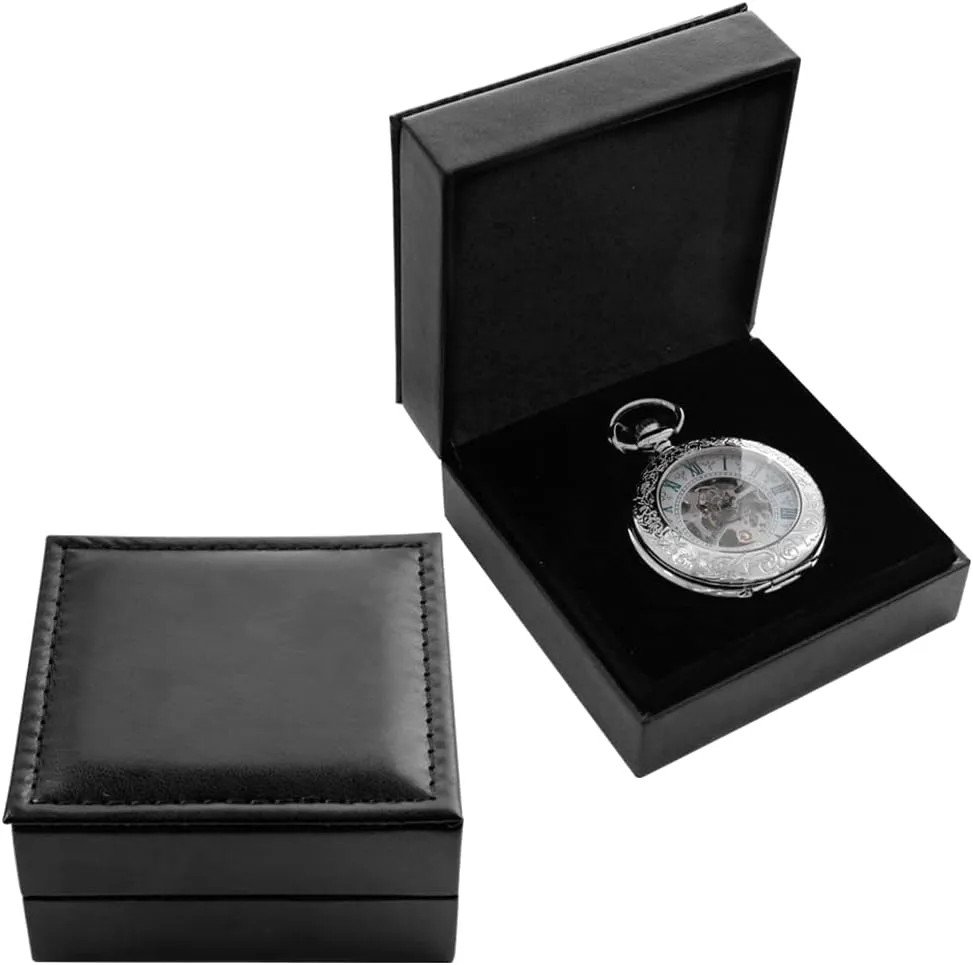 Tiong Brown/Black Vintage Classic Personalization 47mm Pu Leather Pocket Watch Box Customized Holder Storage Case Coin Pouch Storage with Chain