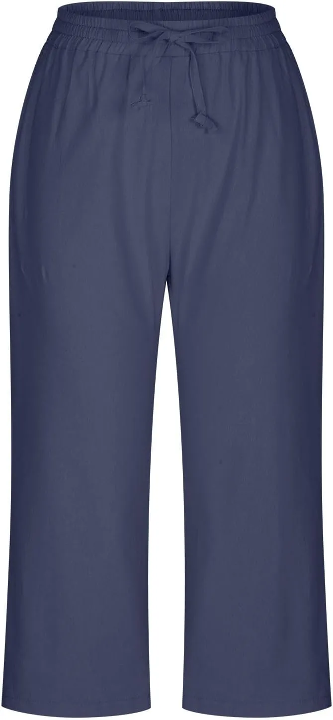 Women Cotton Linen Capris Pant High Elastic Drawstring Solid Sweatpant Stretch Loose Fit Summer Trouser Casual Pants