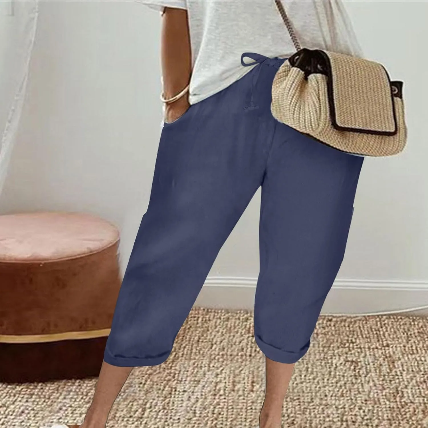 Women Cotton Linen Capris Pant High Elastic Drawstring Solid Sweatpant Stretch Loose Fit Summer Trouser Casual Pants