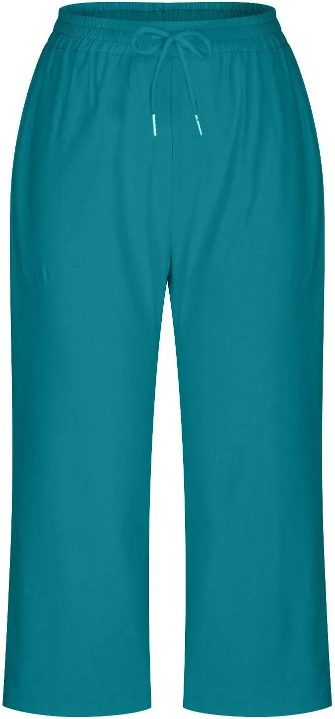Women Cotton Linen Capris Pant High Elastic Drawstring Solid Sweatpant Stretch Loose Fit Summer Trouser Casual Pants