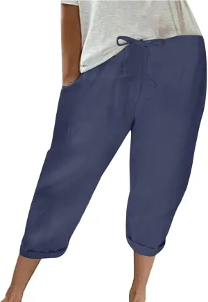 Women Cotton Linen Capris Pant High Elastic Drawstring Solid Sweatpant Stretch Loose Fit Summer Trouser Casual Pants