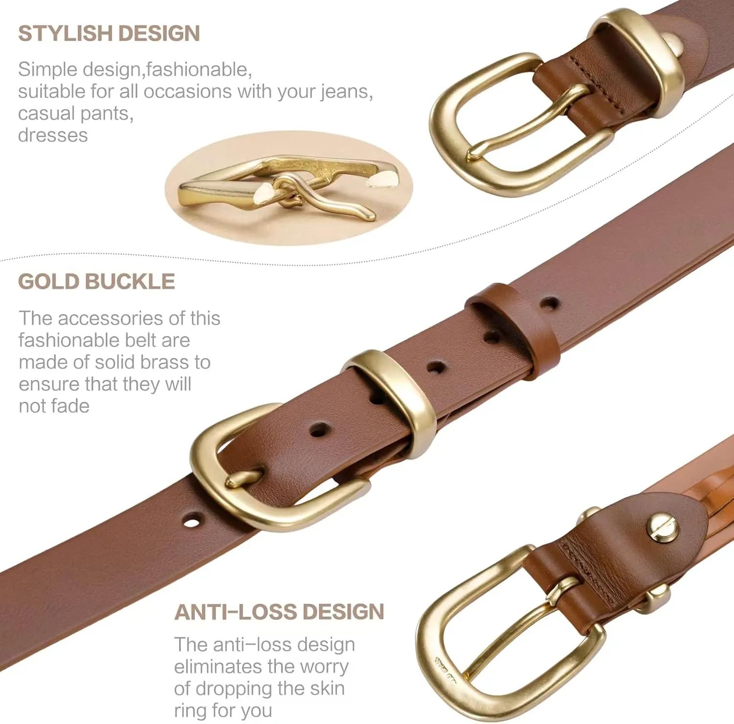 Womens Belts for Jeans 1.1" Width Ladies Belts for Dresses Full Grain Leather Gold Buckle Belt Gift Box