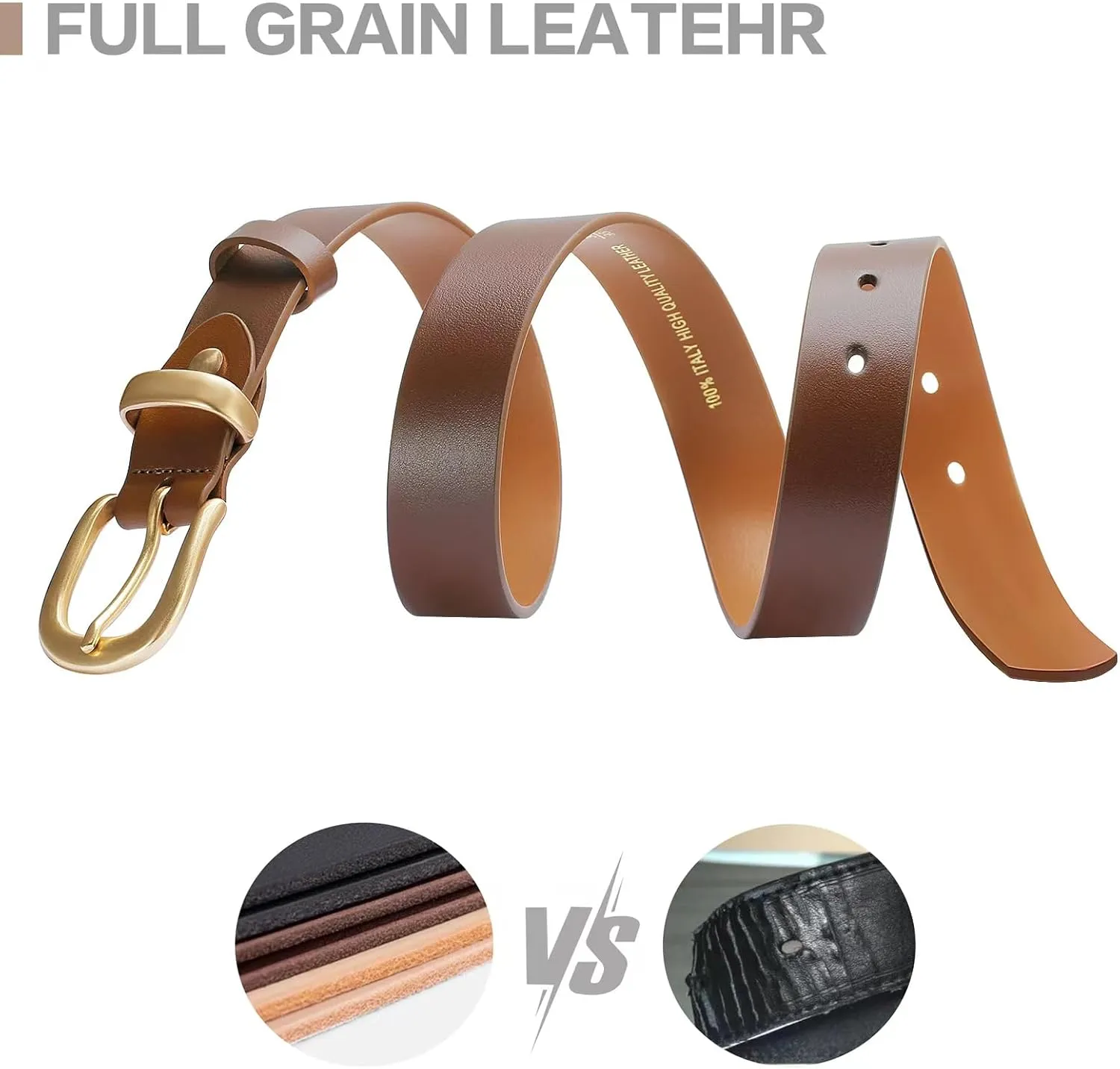 Womens Belts for Jeans 1.1" Width Ladies Belts for Dresses Full Grain Leather Gold Buckle Belt Gift Box