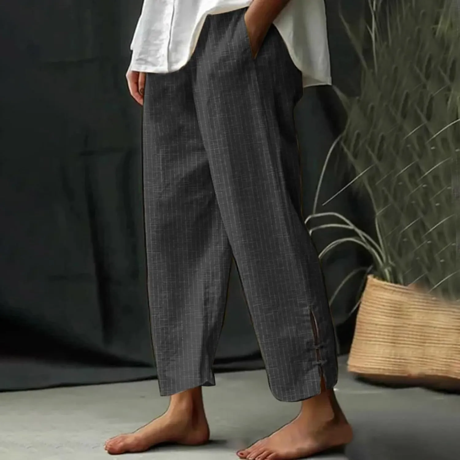 Womens Cotton Linen Pants Straight Leg High Waisted Striped Trousers Casual Loose Fit Side Slit Pants with Pockets