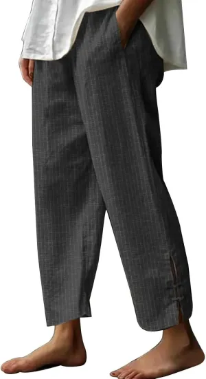 Womens Cotton Linen Pants Straight Leg High Waisted Striped Trousers Casual Loose Fit Side Slit Pants with Pockets