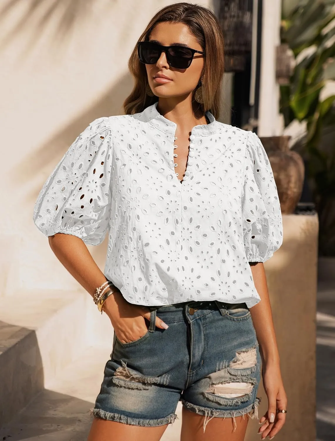 Womens Eyelet Summer Tops Lantern Short Sleeve Button V Neck Dressy Casual Blouses Hollow Out Embroidered Lace Shirts