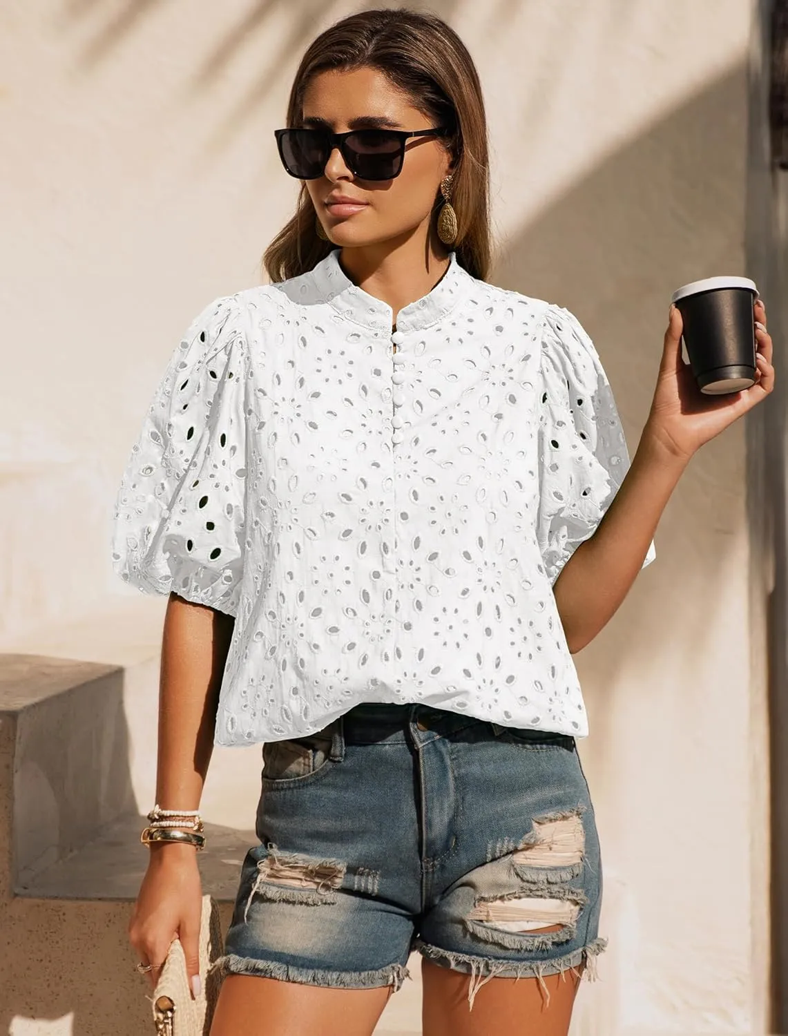 Womens Eyelet Summer Tops Lantern Short Sleeve Button V Neck Dressy Casual Blouses Hollow Out Embroidered Lace Shirts