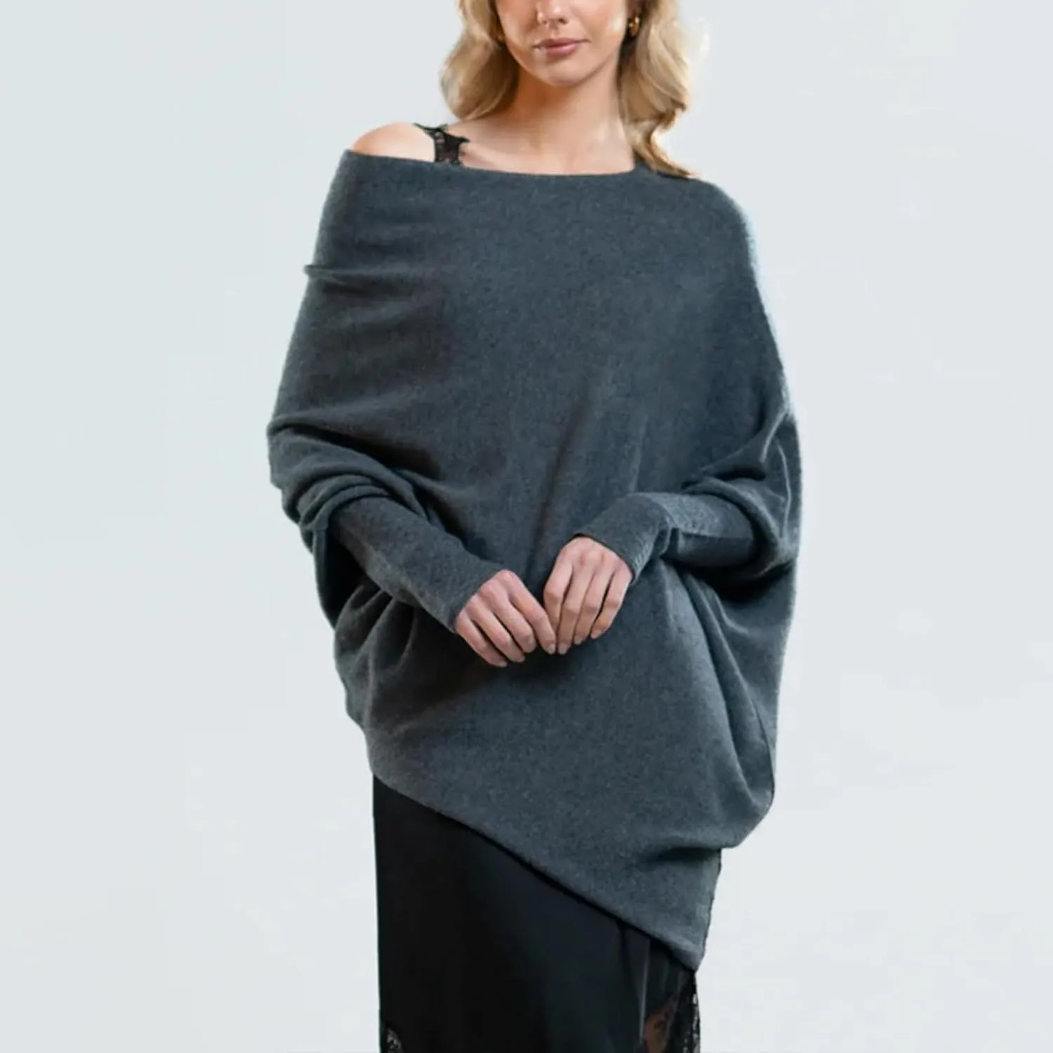 Women's Sexy Off Shoulder Asymmetric Draped Jumper Batwing Sleeve Loose Pullover Long Sleeve Sweaters Tops