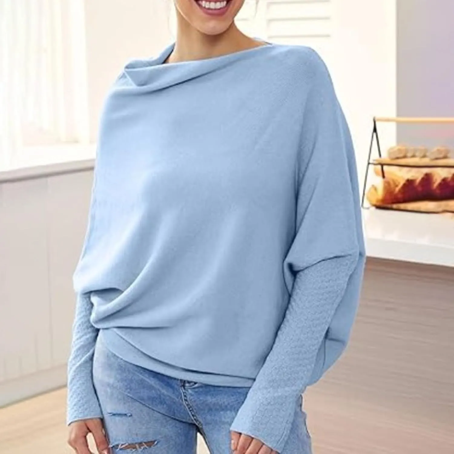 Women's Sexy Off Shoulder Asymmetric Draped Jumper Batwing Sleeve Loose Pullover Long Sleeve Sweaters Tops