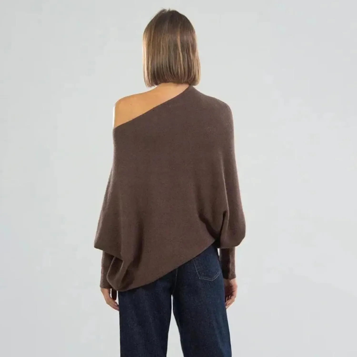 Women's Sexy Off Shoulder Asymmetric Draped Jumper Batwing Sleeve Loose Pullover Long Sleeve Sweaters Tops