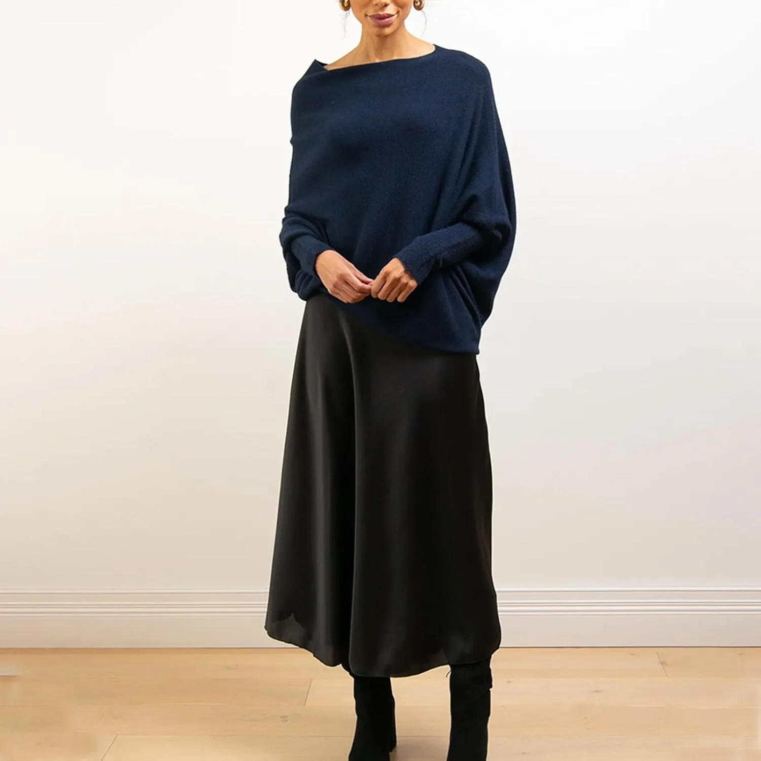Women's Sexy Off Shoulder Asymmetric Draped Jumper Batwing Sleeve Loose Pullover Long Sleeve Sweaters Tops