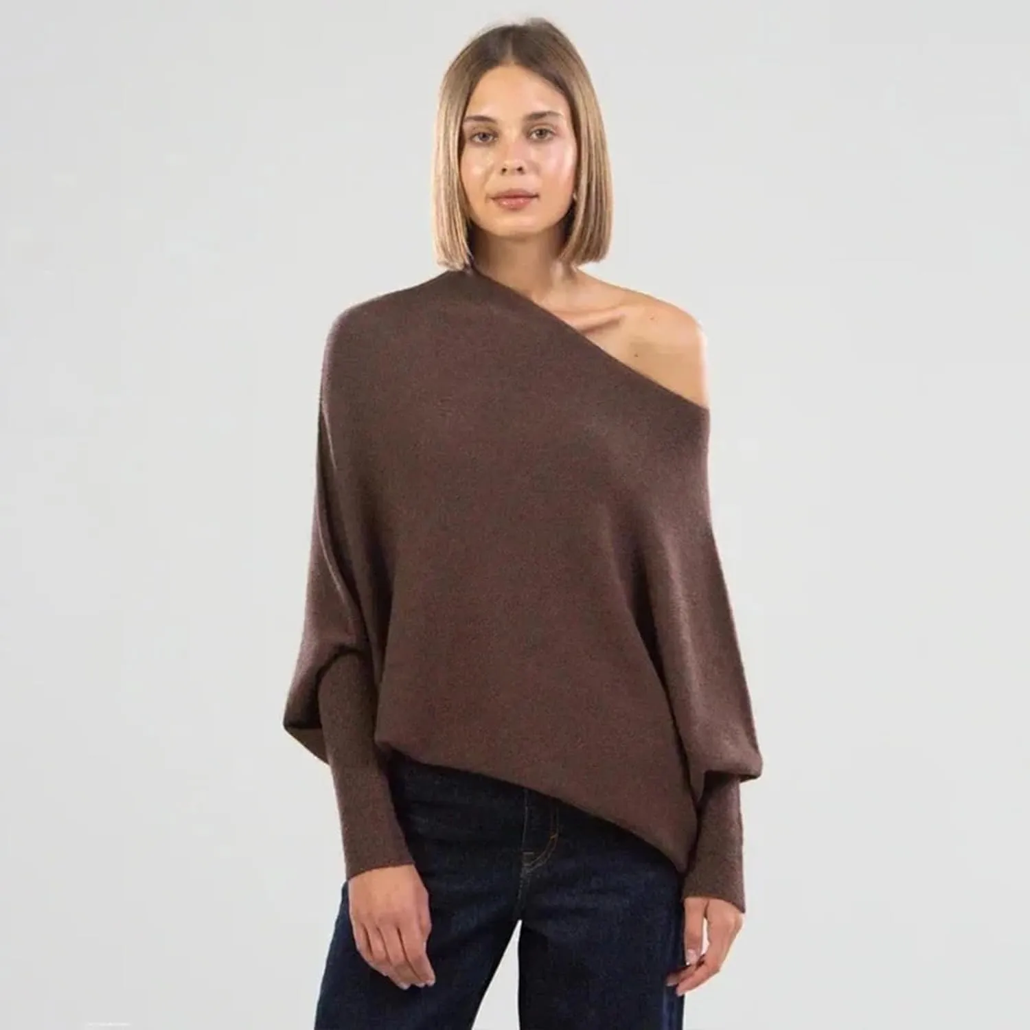 Women's Sexy Off Shoulder Asymmetric Draped Jumper Batwing Sleeve Loose Pullover Long Sleeve Sweaters Tops