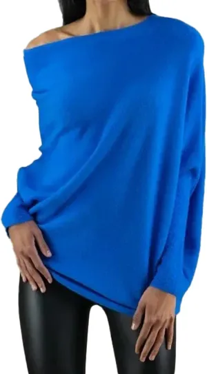 Women's Sexy Off Shoulder Asymmetric Draped Jumper Batwing Sleeve Loose Pullover Long Sleeve Sweaters Tops
