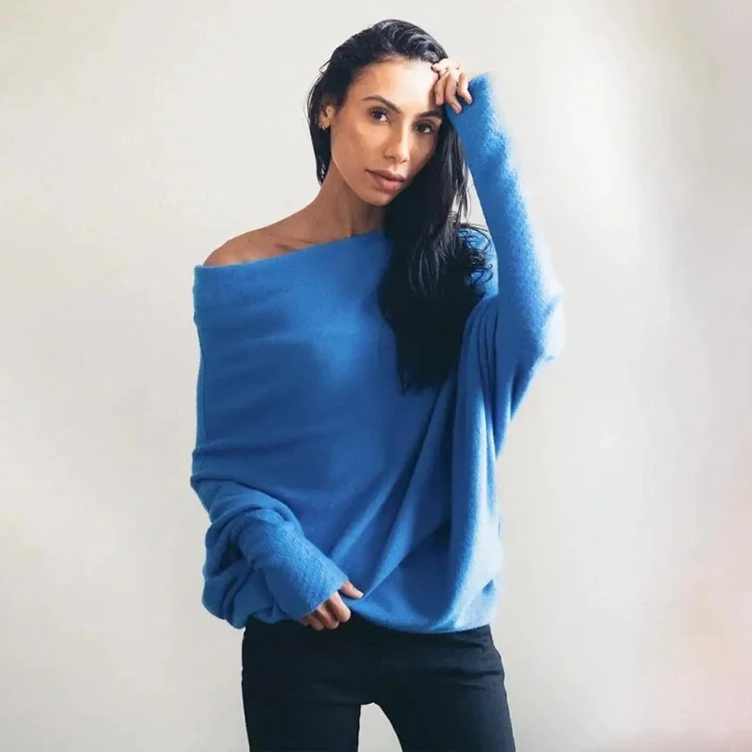 Women's Sexy Off Shoulder Asymmetric Draped Jumper Batwing Sleeve Loose Pullover Long Sleeve Sweaters Tops