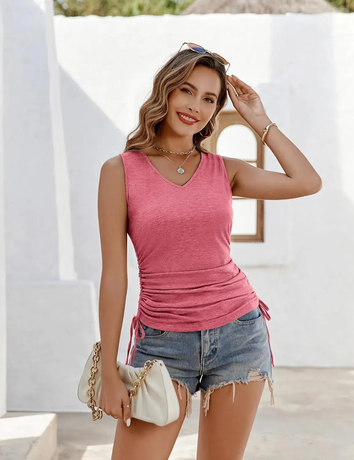 Zeagoo Womens Tank Tops Summer Ruched Top V Neck Sleeveless Drawstring Side Casual Trendy Shirts 2025