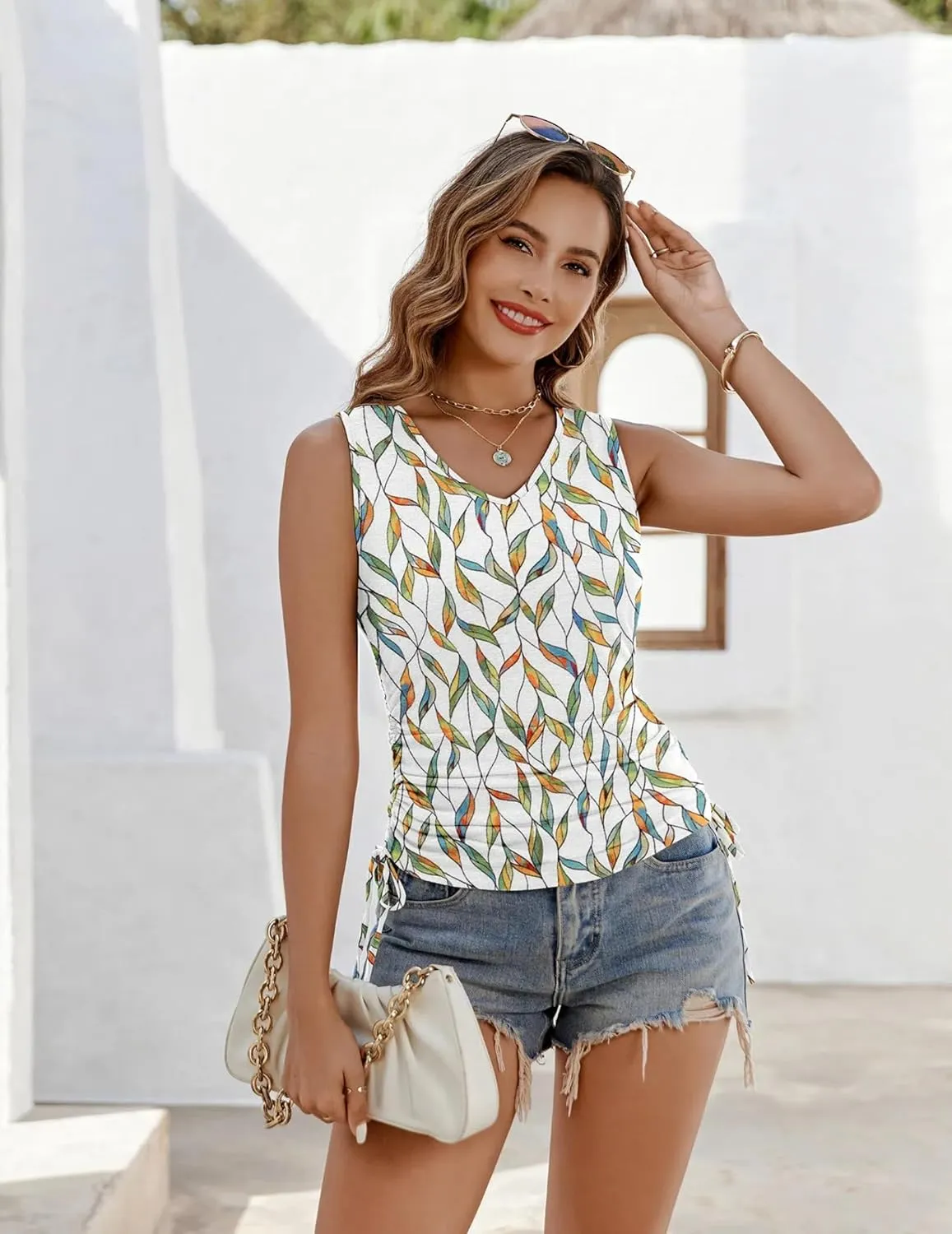 Zeagoo Womens Tank Tops Summer Ruched Top V Neck Sleeveless Drawstring Side Casual Trendy Shirts 2025